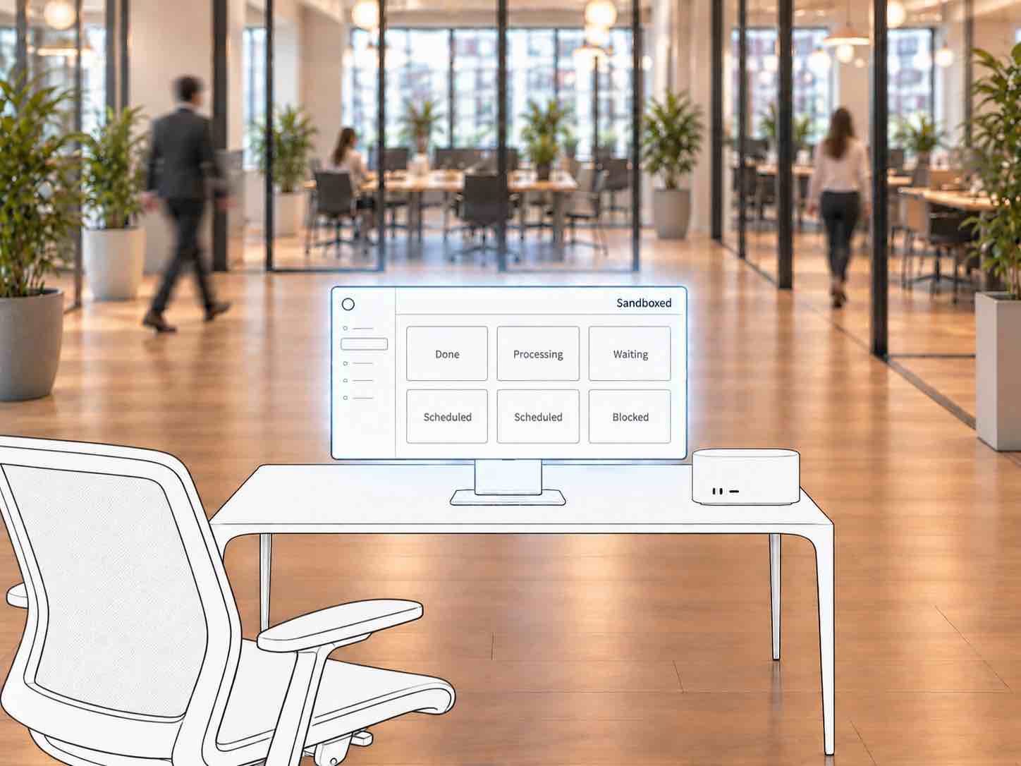 Sketch of a Mac mini and monitor showing isolated AI tasks at a desk.
