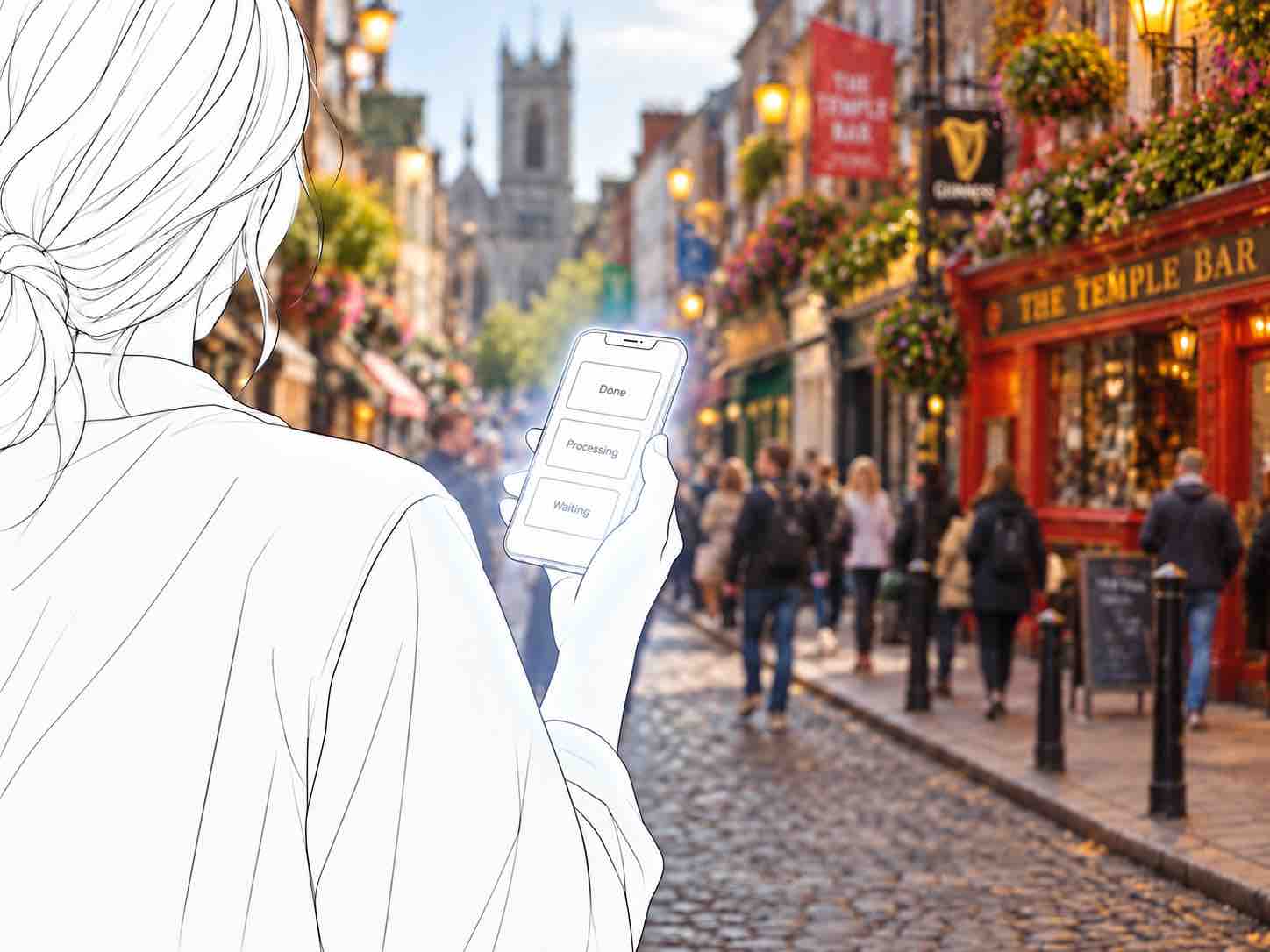 Sketch of a person checking AI task progress on their phone.